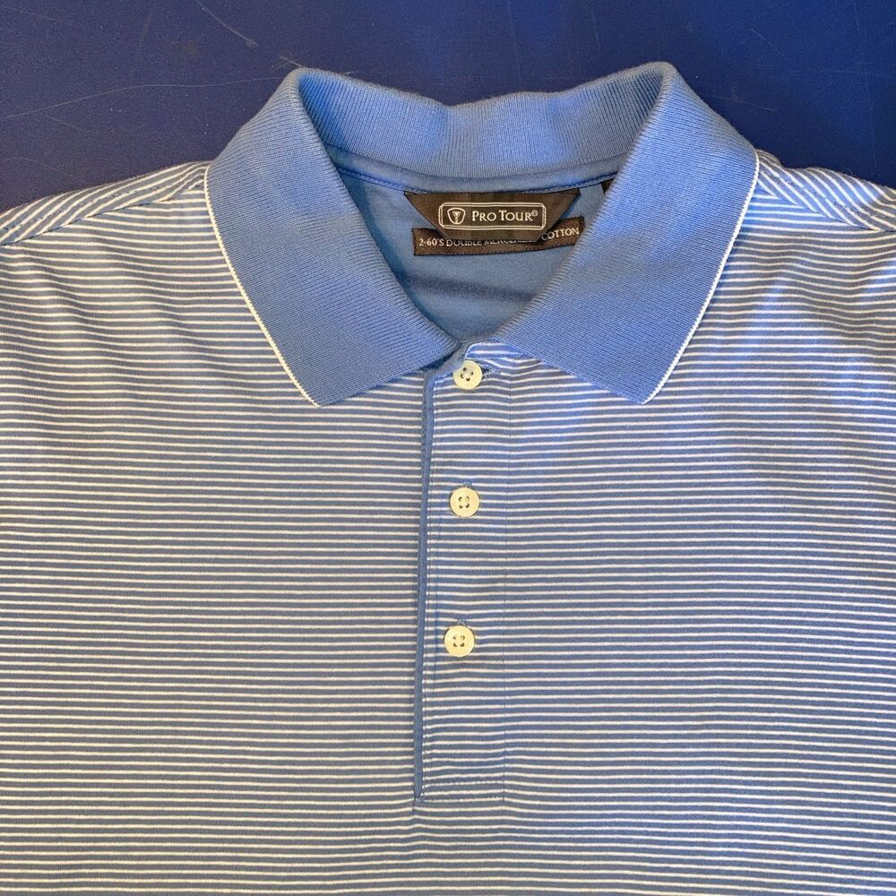 Pro Tour‎ Golf Mens M Blue Striped Short Sleeve Polo Performance 100% Cotton
